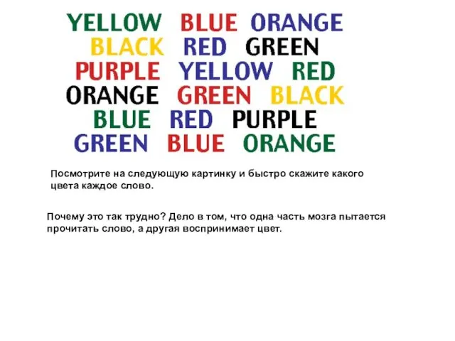Посмотрите на следующую картинку и быстро скажите какого цвета каждое слово. Почему