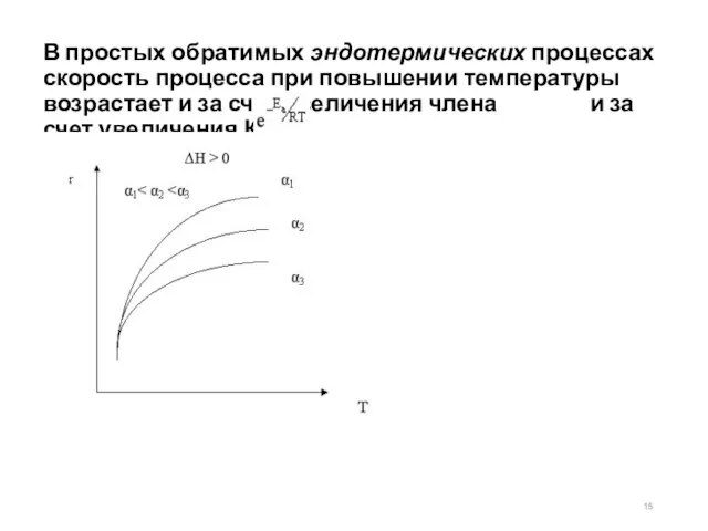 В простых обратимых эндотермических процессах скорость процесса при повышении температуры возрастает и