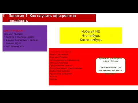 Занятие 1. Как научить официантов продавать ЦИКЛ ПРОДАЖ = Техники продаж +