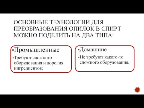 ОСНОВНЫЕ ТЕХНОЛОГИИ ДЛЯ ПРЕОБРАЗОВАНИЯ ОПИЛОК В СПИРТ МОЖНО ПОДЕЛИТЬ НА ДВА ТИПА: