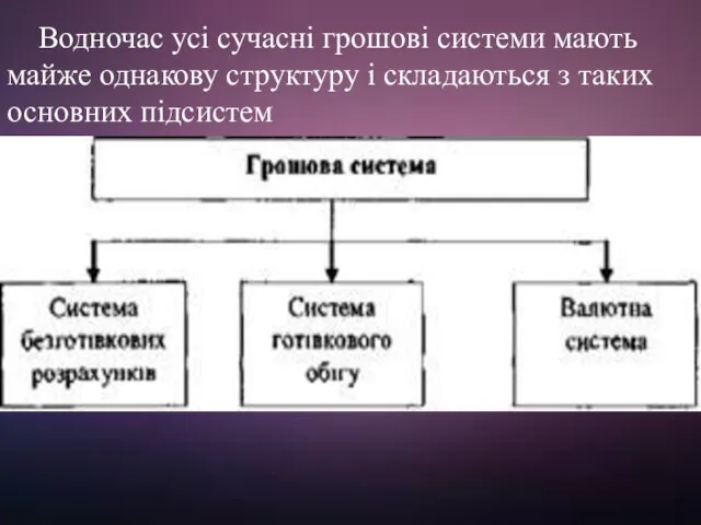 Водночас усі сучасні грошові системи мають майже однакову структуру і складаються з таких основних підсистем