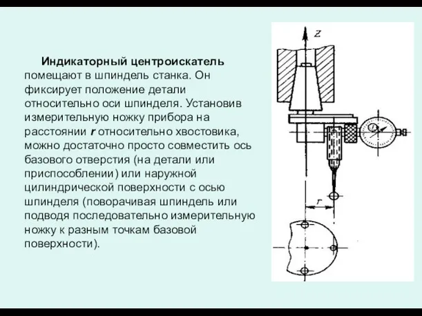 Индикаторный центроискатель помещают в шпиндель станка. Он фиксирует положение детали относительно оси