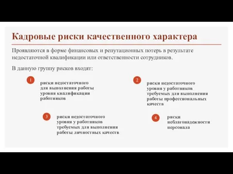 Кадровые риски качественного характера Проявляются в форме финансовых и репутационных потерь в