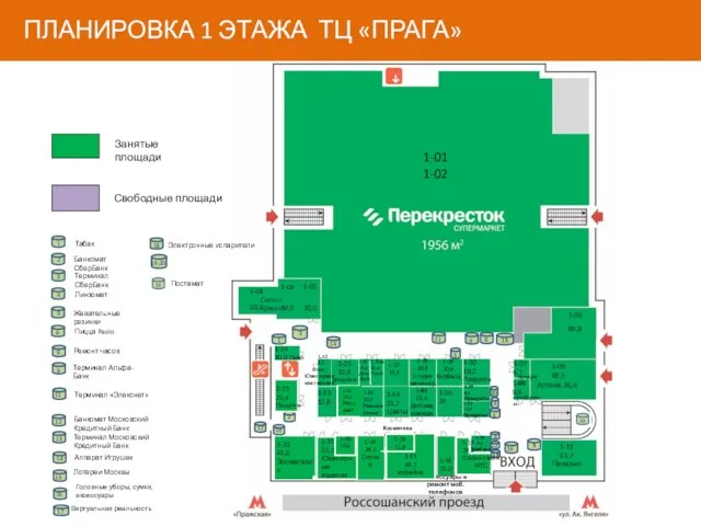 ПЛАНИРОВКА 1 ЭТАЖА ТЦ «ПРАГА» Занятые площади Свободные площади 1-22 43,6 Зоомагазин