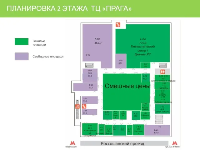 ПЛАНИРОВКА 2 ЭТАЖА ТЦ «ПРАГА» Занятые площади Свободные площади 2-44 30,5 2-43