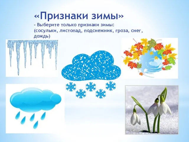 «Признаки зимы» - Выберите только признаки зимы: (сосульки, листопад, подснежник, гроза, снег, дождь)