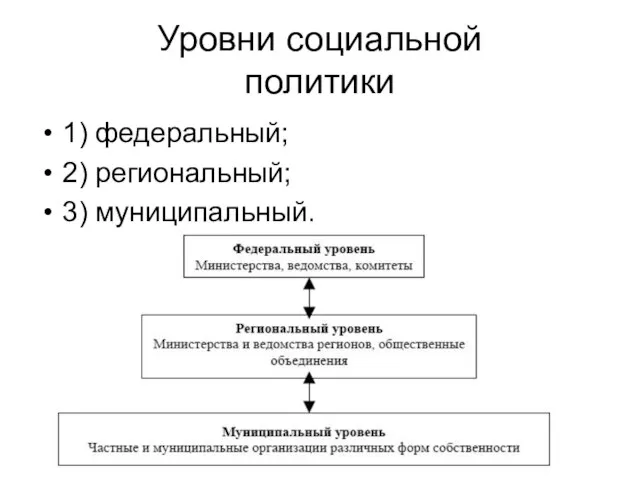 Уровни социальной политики 1) федеральный; 2) региональный; 3) муниципальный.