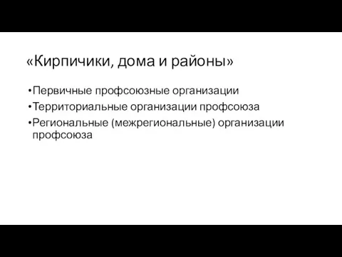 «Кирпичики, дома и районы» Первичные профсоюзные организации Территориальные организации профсоюза Региональные (межрегиональные) организации профсоюза