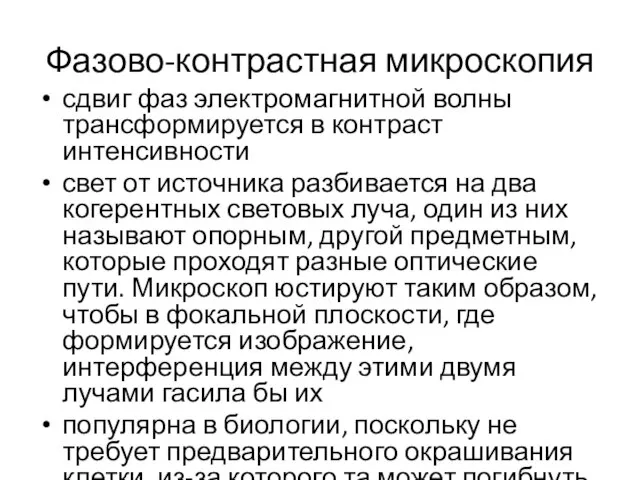 Фазово-контрастная микроскопия сдвиг фаз электромагнитной волны трансформируется в контраст интенсивности свет от