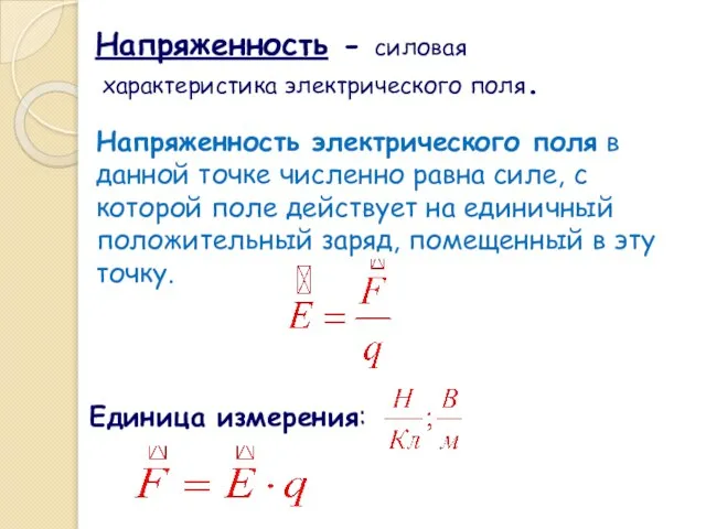 Напряженность электрического поля в данной точке численно равна силе, с которой поле