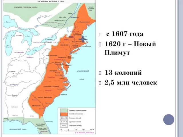 10607 г с 1607 года 1620 г – Новый Плимут 13 колоний 2,5 млн человек