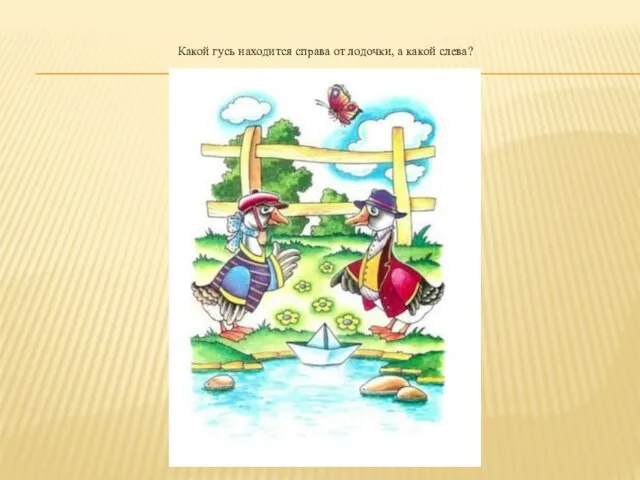 Какой гусь находится справа от лодочки, а какой слева?