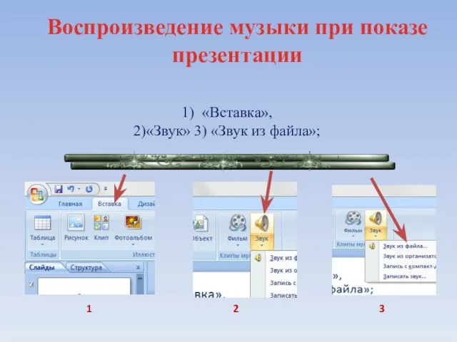 1) «Вставка», 2)«Звук» 3) «Звук из файла»; 1 2 3 Воспроизведение музыки при показе презентации