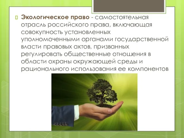 Экологическое право - самостоятельная отрасль российского права, включающая совокупность установленных уполномоченными органами