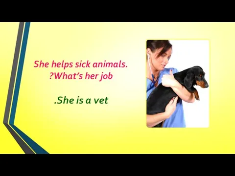 She helps sick animals. What’s her job? She is a vet.