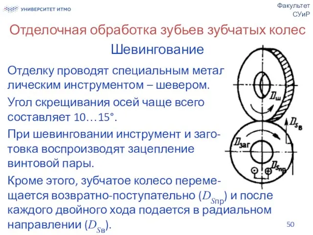 Отделочная обработка зубьев зубчатых колес Шевингование Отделку проводят специальным метал- лическим инструментом