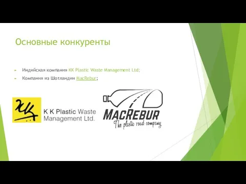 Основные конкуренты Индийская компания KK Plastic Waste Management Ltd; Компания из Шотландии MacRebur;