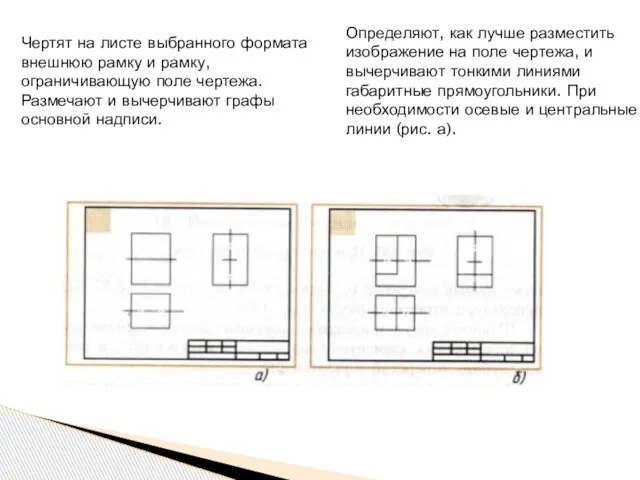 Чертят на листе выбранного формата внешнюю рамку и рамку, ограничивающую поле чертежа.