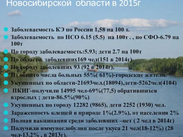 Эпидемическая ситуация в Новосибирской области в 2015г Заболеваемость КЭ по России 1,58