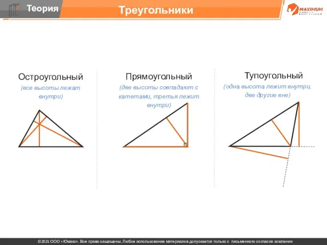 Треугольники Остроугольный (все высоты лежат внутри) Прямоугольный (две высоты совпадают с катетами,
