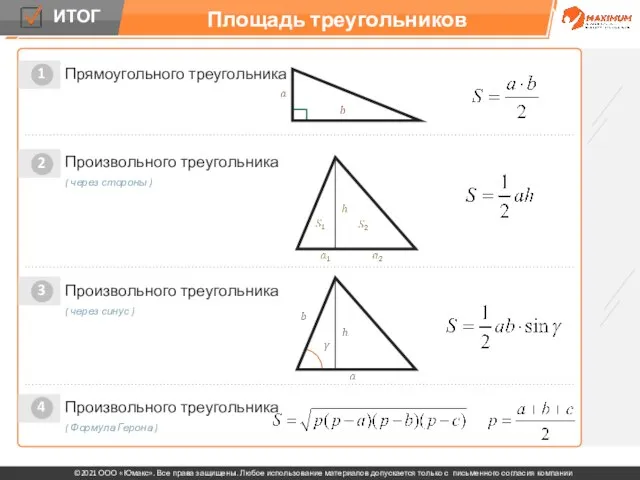 Произвольного треугольника 3 2 1 Прямоугольного треугольника ( через стороны ) Произвольного