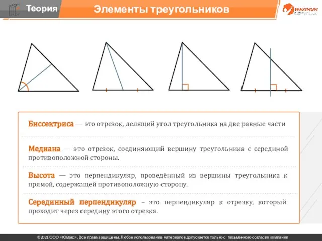 Элементы треугольников Биссектриса — это отрезок, делящий угол треугольника на две равные