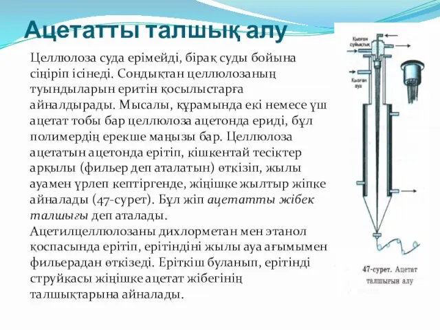 Ацетатты талшық алу Целлюлоза суда ерімейді, бірақ суды бойына сіңіріп ісінеді. Сондықтан