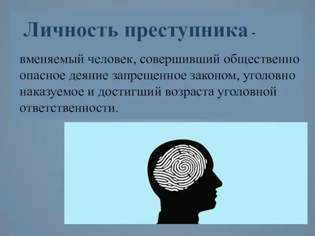 Личность преступника - вменяемый человек, совершивший общественно опасное деяние запрещенное законом, уголовно