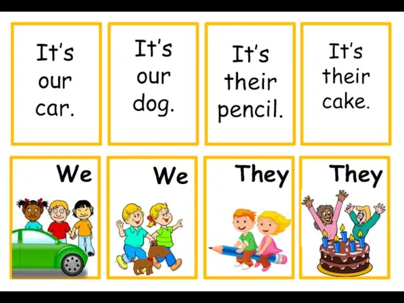 We They It’s our car. It’s our dog. It’s their pencil. It’s their cake. We They