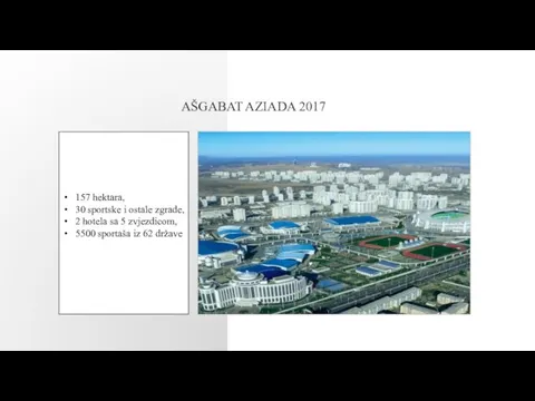 AŠGABAT AZIADA 2017 157 hektara, 30 sportske i ostale zgrade, 2 hotela