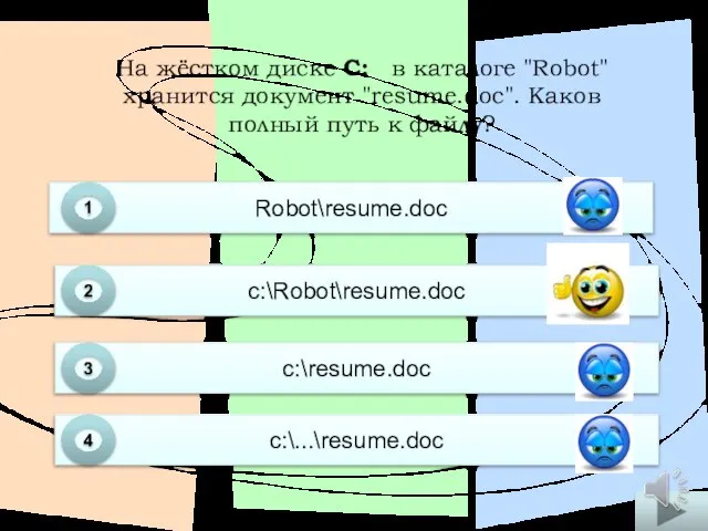 Robot\resume.doc 1 с:\Robot\resume.doc 2 c:\resume.doc 3 c:\...\resume.doc 4 На жёстком диске C: