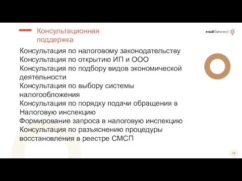 Консультационная поддержка Консультация по налоговому законодательству Консультация по открытию ИП и ООО