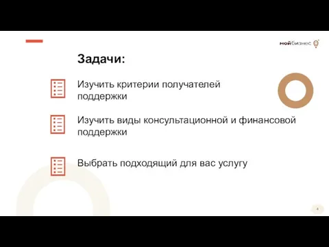 Изучить виды консультационной и финансовой поддержки Задачи: Изучить критерии получателей поддержки Выбрать подходящий для вас услугу