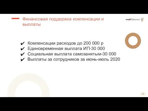 Компенсации расходов до 200 000 р Единовременная выплата ИП-30 000 Социальная выплата