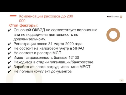 Стоп факторы: Основной ОКВЭД не соответствует положению или не подвержена деятельность по