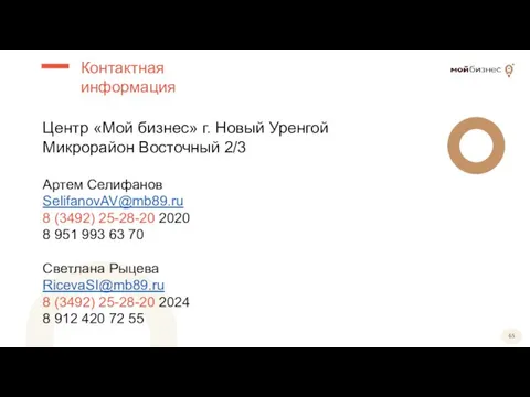 Центр «Мой бизнес» г. Новый Уренгой Микрорайон Восточный 2/3 Артем Селифанов SelifanovAV@mb89.ru