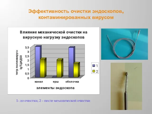 Эффективность очистки эндоскопов, контаминированных вирусом 1- до очистки, 2 – после механической очистки