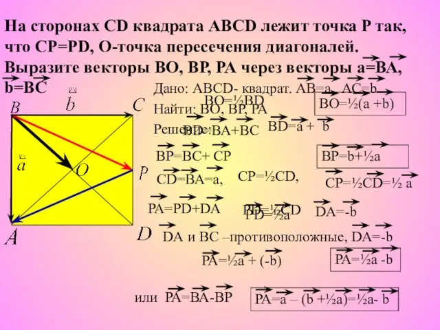 Дано: ABCD- квадрат. АВ=а, АС=b Найти: ВО, ВР, РА Решение: На сторонах