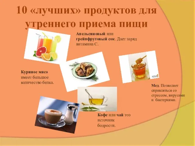 10 «лучших» продуктов для утреннего приема пищи Апельсиновый или грейпфрутовый сок. Дает