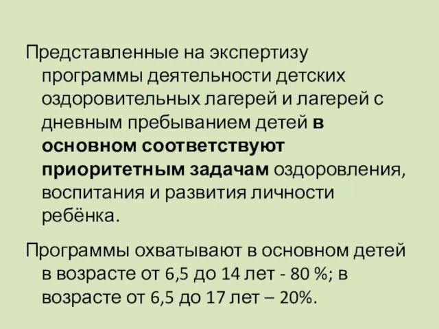 Представленные на экспертизу программы деятельности детских оздоровительных лагерей и лагерей с дневным