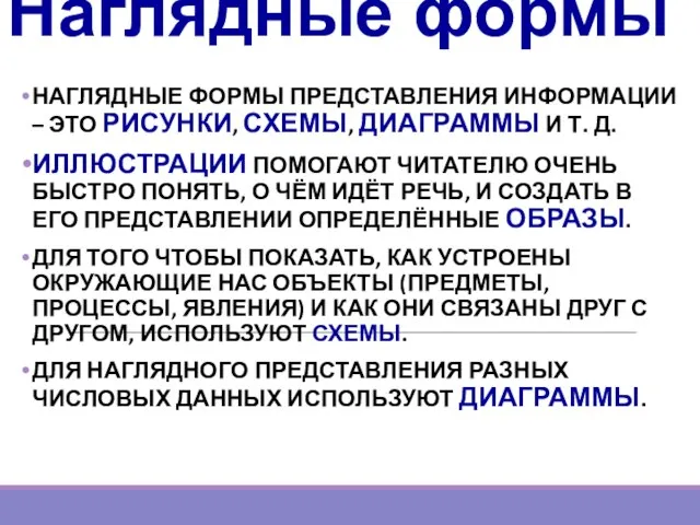 Наглядные формы НАГЛЯДНЫЕ ФОРМЫ ПРЕДСТАВЛЕНИЯ ИНФОРМАЦИИ – ЭТО РИСУНКИ, СХЕМЫ, ДИАГРАММЫ И