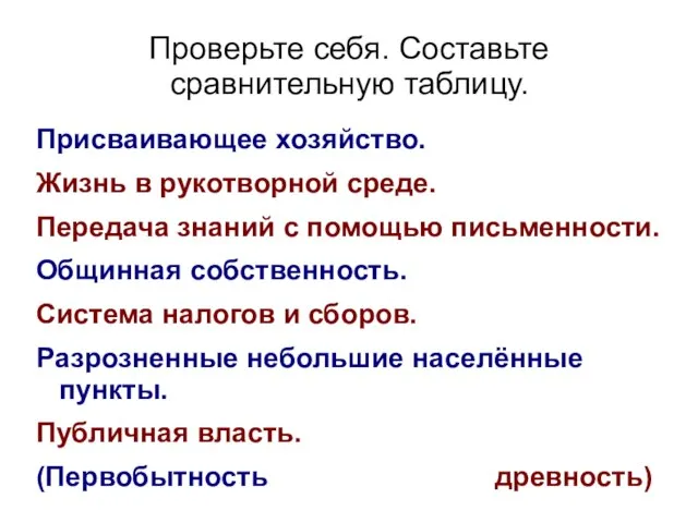 Проверьте себя. Составьте сравнительную таблицу. Присваивающее хозяйство. Жизнь в рукотворной среде. Передача