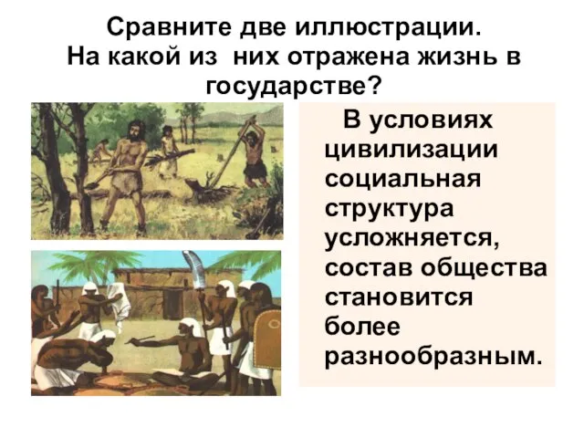 Сравните две иллюстрации. На какой из них отражена жизнь в государстве? В