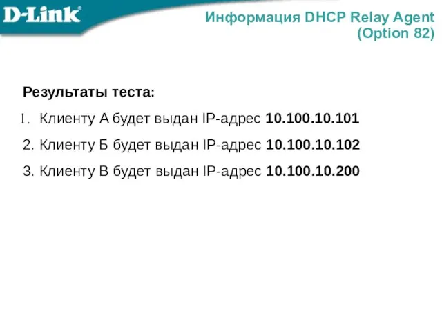 Информация DHCP Relay Agent (Option 82) Результаты теста: Клиенту A будет выдан