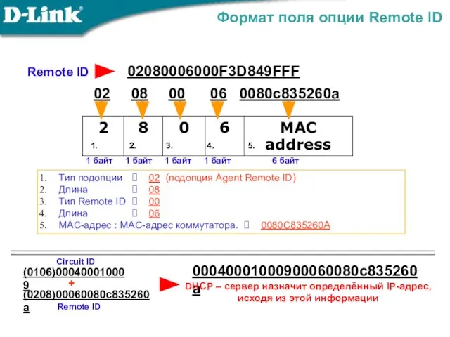 Формат поля опции Remote ID 00040001000900060080c835260a 02080006000F3D849FFF 02 08 00 06 0080c835260a