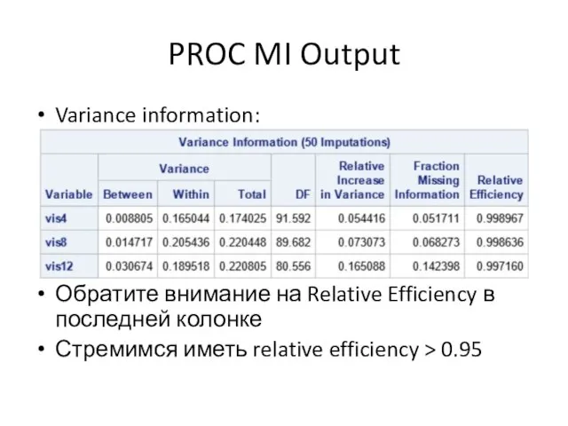 PROC MI Output Variance information: Обратите внимание на Relative Efficiency в последней