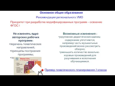 Основное общее образование Приоритет при разработке модифицированных программ – освоение ФГОС !