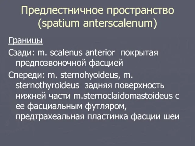 Предлестничное пространство (spatium anterscalenum) Границы Сзади: m. scalenus anterior покрытая предпозвоночной фасцией