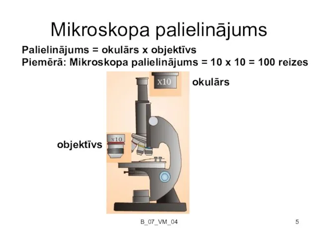 B_07_VM_04 Mikroskopa palielinājums Palielinājums = okulārs x objektīvs Piemērā: Mikroskopa palielinājums =