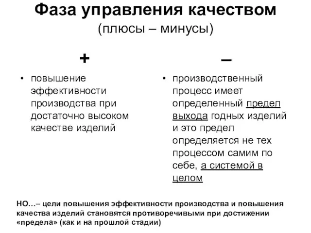 Фаза управления качеством (плюсы – минусы) + повышение эффективности производства при достаточно